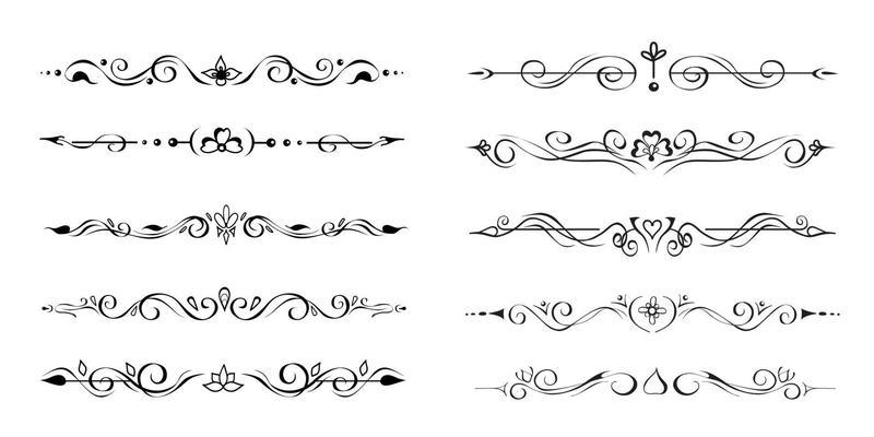 Set of Ornate Text Delimiters, Dividers, Page Bottom Decorative Borders, Vignettes. Hand-Drawn Romantic Elements
