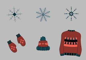 Winter doodles isolated set. Hand drawn snowflakes, sweater, mittens, hat. Winter vector illustration clip art