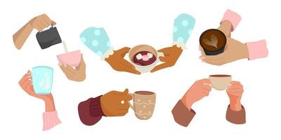 manos con tazas de café, ilustración vectorial. diversas manos sosteniendo diferentes tazas y tazas de café. manos femeninas y masculinas. concepto de cafeína. aislado sobre fondo blanco. vector