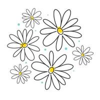Black ink drawing flowers, monochrome artistic botanical illustration isolated on white background. Hand drawn floral vector elements. Tiny brush strokes. Chamomile and daisy cliparts.