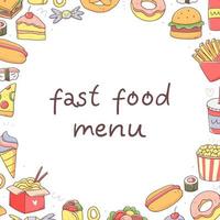 Round frame with fast food. Junk food doodle elements. Vector clipart food illustration.