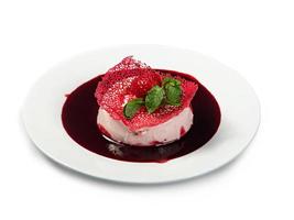 strawberry Caramel Custard pudding Flan crema volteada dessert front view photo