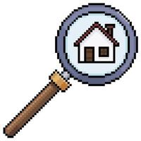 Pixel art magnifying glass analyzing house, magnifying glass and house vector icon for 8bit game on white background