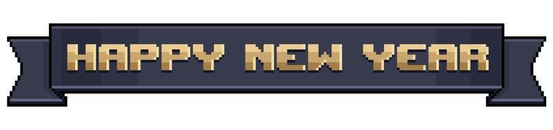 cinta negra de arte de píxeles con feliz año nuevo, banner con icono de vector de feliz año nuevo dorado para juego de 8 bits sobre fondo blanco