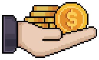 Pixel art hand holding stack of coins vector icon for 8bit game on white background