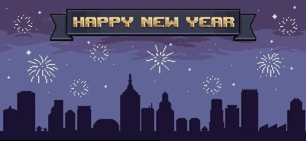 fondo de ciudad de arte de píxeles con fuegos artificiales de año nuevo, cinta negra feliz año nuevo, fondo de ciudad minimalista para juego de 8 bits vector