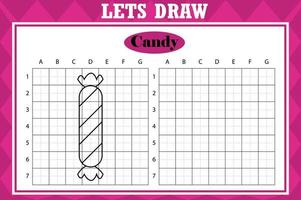 Draw cute candy. Grid copy worksheet. educational children game. Drawing activity for toddlers and kids. Vector Holiday drawing practice worksheet.