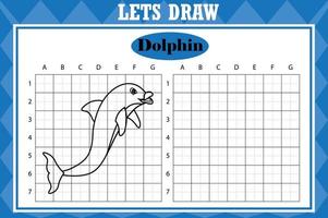 Draw cute dolphin. Grid copy worksheet. educational children game. Drawing activity for toddlers and kids. Vector Holiday drawing practice worksheet.