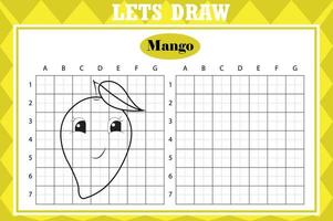 Draw cute mango. Grid copy worksheet. educational children game. Drawing activity for toddlers and kids. Vector Holiday drawing practice worksheet.