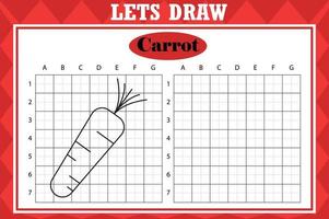 Draw cute carrot. Grid copy worksheet. educational children game. Drawing activity for toddlers and kids. Vector Holiday drawing practice worksheet.