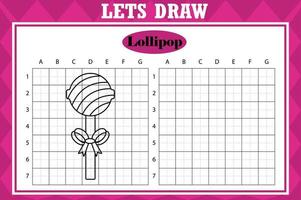 Draw cute lollipop. Grid copy worksheet. educational children game. Drawing activity for toddlers and kids. Vector Holiday drawing practice worksheet.