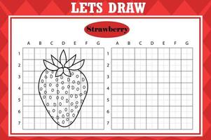 Draw cute strawberry. Grid copy worksheet. educational children game. Drawing activity for toddlers and kids. Vector Holiday drawing practice worksheet.