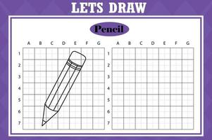 Draw cute pencil. Grid copy worksheet. educational children game. Drawing activity for toddlers and kids. Vector Holiday drawing practice worksheet.