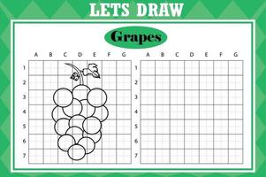 Draw cute grapes. Grid copy worksheet. educational children game. Drawing activity for toddlers and kids. Vector Holiday drawing practice worksheet.