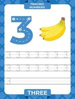 Number 3 trace, Worksheet for learning numbers, kids learning material, kids activity page vector