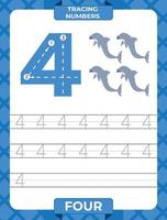 Number 4 trace, Worksheet for learning numbers, kids learning material, kids activity page