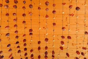 caqui seco suspendido en una cuerda, secado al aire de frutos secos. foto