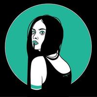 chica con cabello largo, en verde y blanco, sobre un fondo negro, minimalismo vector