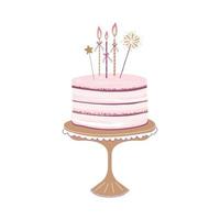 Illustration of a festive pink cake with candles for greeting cards on white background. Vector