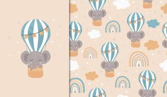 conjunto de carteles y patrones sin fisuras con un elefante volando en un globo. ilustración infantil para carteles, textiles. vector