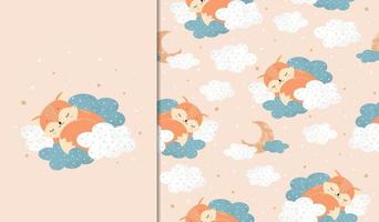 Set of posters and seamless patterns with a fox sleeping on the clouds. Child illustration for posters, textiles. Vector