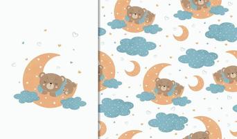 Set of posters and seamless patterns with a baby bear sleeping on the moon. Child illustration for posters, textiles. Vector