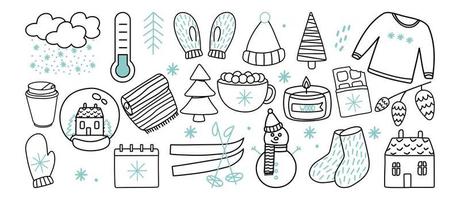 Winter season themed doodle set - snowflakes, classic jewelry, knitwear, winter sports. Free hand vector drawings isolated on a white background.