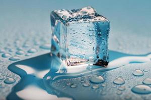 cubo de hielo con gotas de agua sobre un fondo azul. El hielo se está derritiendo. foto