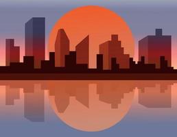 Cityscape sunset illustration. Reflection on the water. vector