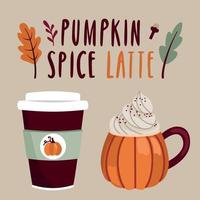 latte de especias de calabaza con letras. ilustración de una taza en forma de calabaza y café para llevar vector