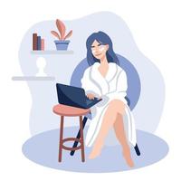 Girl in a bathrobe and with patches works rests and shopping at the computer vector