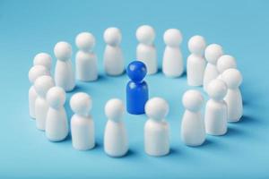 A team of white people stands around and listens to the leader's blue leader. The concept of the leader of the business team. photo