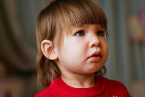 Child close-up portrait of little girl in red sweater. Waiting to receive photo