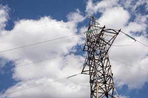 torres y cables de alta tensión, líneas eléctricas de transmisión de electricidad con fondo de cielo. foto