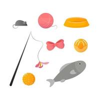 Set of accessories for cats toys, balls and bowls vector