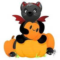 Cute black cat sits on a pumpkin with red horns and wings vector