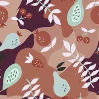 Hand drawn summer fruits seamless pattern. Cherry, pomegranate, papaya, pear, strawberry and palm leaves. vector