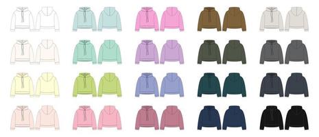 Set of women crop hoodie technical sketch. CAD mockup template hoody collection. Drawing kids clothes multicolored bundle. vector