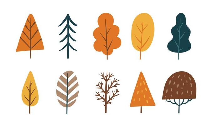 Set of cute tree for autumn design element. Collection of simple cartoon of nature hand drawn illustration.