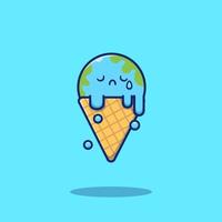 Cute Ice Cream Earth Melting Cartoon Vector Icon Illustration. Food And Nature Icon Concept Isolated Premium Vector. Flat Cartoon Style