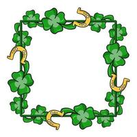 Square frame, bright green leaves, four-leaf clover, golden horseshoe, copy space, vector illustration in cartoon style on a white background