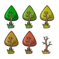A set of colored icons, A decorative autumn tree with an elongated crown, a vector illustration in cartoon style on a white background