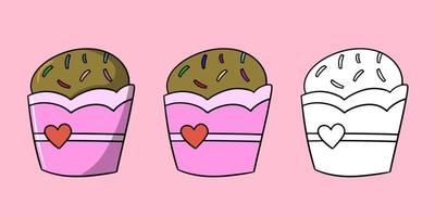 Horizontal set of images, delicious cupcake with sugar crumbs and a heart in a paper cup, vector illustration in cartoon style on a colored background