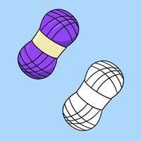 A set of images, a large lilac skein of yarn for knitting, a vector illustration in cartoon style on a colored background