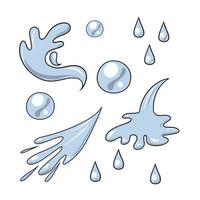 A set of colored icons, various splashes, waves and water drops in cartoon style, vector illustration on a white background