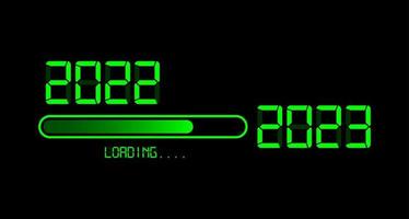 2022 with loading to up 2023 Happy new year. Green led neon digital time style. Progress bar almost reaching new year's eve. Vector illustration with display 2023 loading isolated or black background