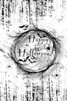 Happy Halloween Text Banner, horror wreath of branches, a realistic round frame border of twisted branches, grunge vector illustration isolated on white background