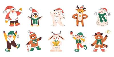 Set of cute funny Christmas characters. Santa Claus, snowman, bear, reindeer, gnome, elf. Colorful New year symbols. Xmas holiday toys and decor. Minimalistic flat hand-drawn isolated illustration vector