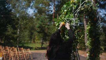 kvinna dekorerar ett båge med verklig grenar och citroner för ett händelse video