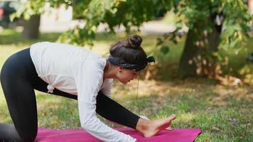 Woman does yoga exercises with others in a park video